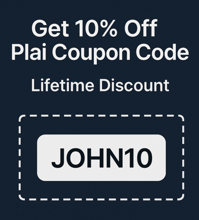 Plai.io 10% off coupon code JOHN10 for a lifetime discount, with dark blue background and white text
